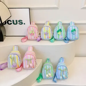 Kids Cute Striped Crossbody Bag With 3D Flower Grape Decoration Girls Sweet Adjustable Shoulder Chest Bag Small Waist Pack