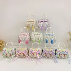 Chinese Style Kids Floral Embroidery Satin Bag With Faux Artificial Pearl Handle Tassel Girl Mini Crossbody Shoulder Handbag Gift