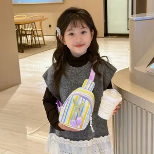 Colorful striped kids chest bag with tulip charms and adjustable purple strap