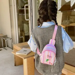 Girl's striped crossbody chest bag with pink tulip applique and adjustable strap