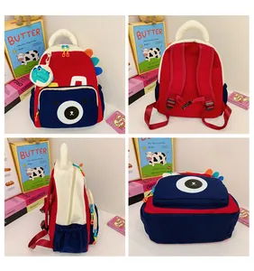 Detailed four-way view of kids' cartoon bear backpack with durable nylon fabric