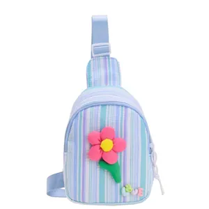 Light blue striped chest bag for girls with pink flower and adjustable strap