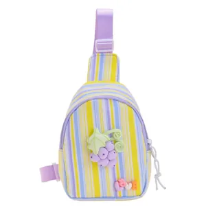 Kids colorful vertical stripe canvas chest bag with 3D grape decor and adjustable strap