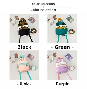 Detail of cartoon animal kids backpack featuring a cute panda face and round coin purse