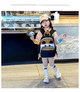 Detailed view of cartoon panda children backpack and mini purse set on a young model