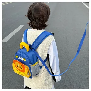 Detail showing toddler backpack with a 3D lion design and anti-lost safety leash leash