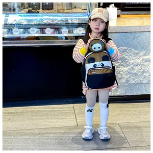 Detailed view of cute panda backpack for kids featuring adjustable straps and mesh side pocket