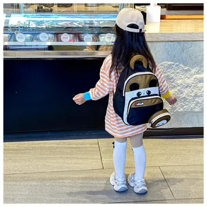 Detailed view of kids cartoon panda backpack with detachable coin purse and side mesh pocket