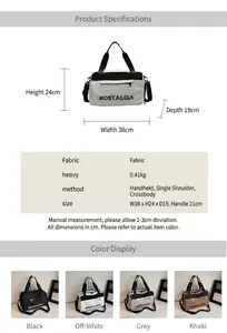 Detailed dimension chart for large travel tote showing size 38x24x19cm and color options