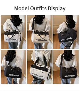Multiple views of a large-capacity travel duffel bag with NOSTALGIA letter printing