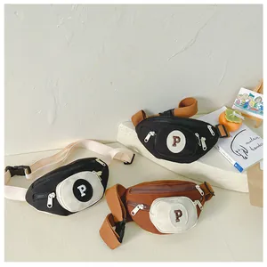 Detailed display of mini canvas waist bags in black, white and brown with P letter patch