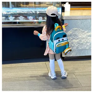 Peacock blue toddler backpack with panda print and round pouch on a child model