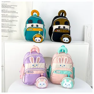 Detailed view of cartoon animal children backpacks with matching mini round coin purses