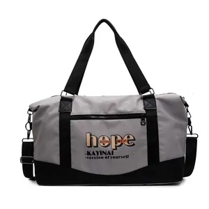 Large capacity gray and black travel bag with letter print and detachable shoulder strap