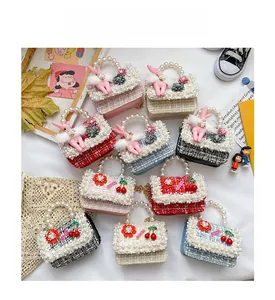 Détails de mini sacs en tweed pour filles avec anses en perles et motifs lapin mignons