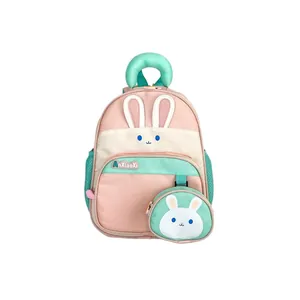 Pink and mint green cartoon rabbit backpack set with a matching round coin purse