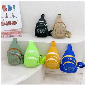 Six colorful canvas chest bags for kids featuring letter prints and adjustable straps