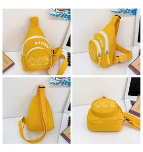 Detailed four-angle views of kids yellow canvas crossbody bag with adjustable strap