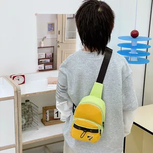 Mini color-block crossbody chest bag with adjustable strap shown in a modern interior setting