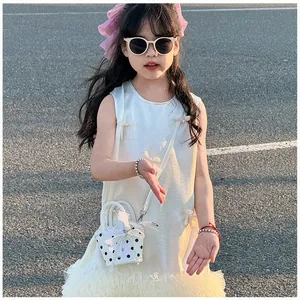 Girl's white lace dress set with polka dot crossbody bag and pink flower headband