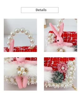 Détails du sac pour fille en tweed rouge avec poignée perlée et lapin en peluche