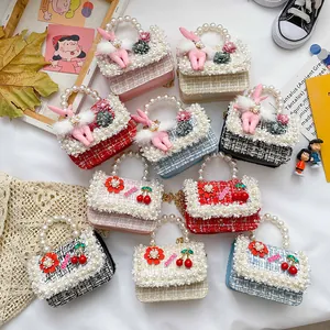 Girls Mini Tweed Handbag Pearl Handle Princess Crossbody Bag Kids Square Bag Rabbit Cherry Charms Metal Chain Strap