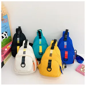 Detailed view of colorful trendy kids chest bags with KAYINAI logo and adjustable straps