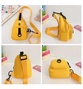 Detailed four-view shot of a bright yellow children's chest bag with adjustable strap