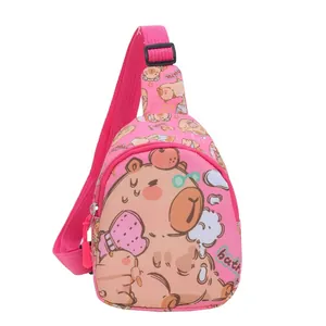 Sac de poitrine rose pour filles motif capybara avec sangle ajustable et tissu etanche