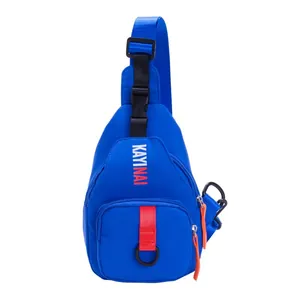 Blue kids crossbody chest bag with adjustable strap and contrast red zipper details