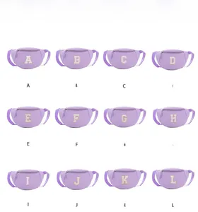 Grid display of purple nylon waist bags featuring various chenille letter patches