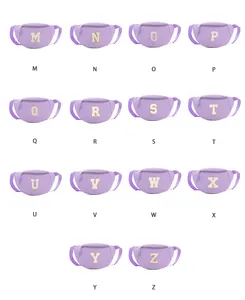 Detail view of purple nylon waist bags with gold embroidered letters from M to Z