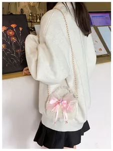 Detail of sweet lace crossbody bag with pink bow and elegant pearl handle for girls