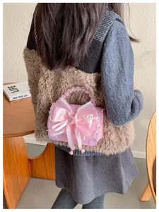 Sac bandoulière rose à paillettes pour fille avec nœud en satin et poignée en perles