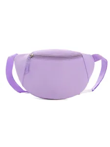 Close-up of a lavender purple nylon kids fanny pack with adjustable strap and top zipper