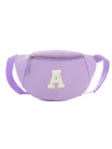 Close-up of purple kids fanny pack with a chenille letter A patch and gold piping detail