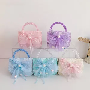 Cute Kids Princess Lace Bow Crossbody Bag For Girls Pearl Beaded Handle Sea Star Shell Decoration Sweet Small Handbag Shoulder Bag With Metal Chain