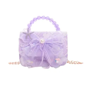 Cute purple princess handbag for kids with lace, organza bow and pearl handle
