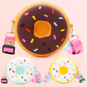 Sac Bandoulière en Silicone Forme Donut pour Enfants Mini Porte-monnaie Dessin Animé Avec Bandoulière Imprimée Réglable