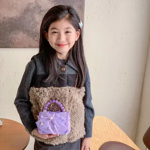Sac à main en dentelle violette pour filles avec grand nœud en mesh et anse en perles