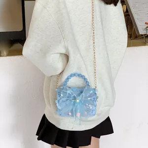 Sac à main bleu clair pour filles avec nœud en tulle sequins et anse de perles