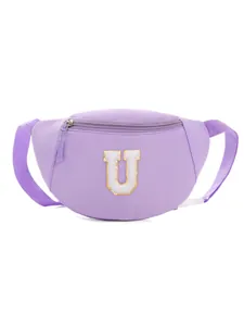 Detail of purple nylon waist bag featuring a fuzzy varsity letter U patch and zipper