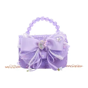 Sac à main violet à paillettes pour fillettes avec grand nœud et poignée en perles