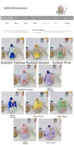 Detailed size chart and multi-color nylon bunny backpack options for nursery school kids