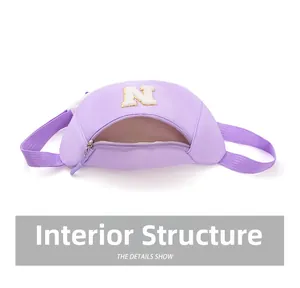 Internal structure of purple nylon kids waist bag with letter N patch detail