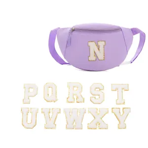 Kids Purple Nylon Waist Bag With Gold Trim Chenille Alphabet Patch Trendy Crossbody Chest Bag For Boys Girls Daily Travel