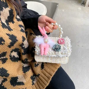 Mini sac à main en tweed pour fille avec anse en perles, fleur et breloque lapin mignon