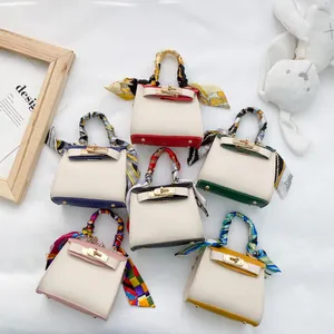 Borsa Tracolla Mini Ragazze Pelle PU Colore Contrasto Manico Sciarpa Raso Serratura Metallo Moda Messaggero Per Bambini