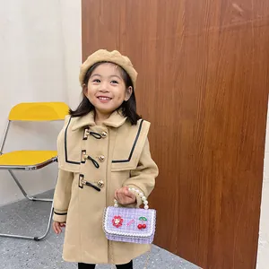 Toddler girl beige wool coat with pearl handle purple tweed crossbody bag and beret