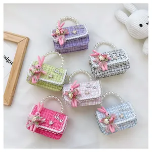 Mini sacs à main en tweed pour enfants avec anses en perles et charms lapin mignon
